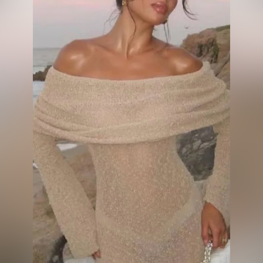 Meshki Off-Shoulder Tan Sweater NWT